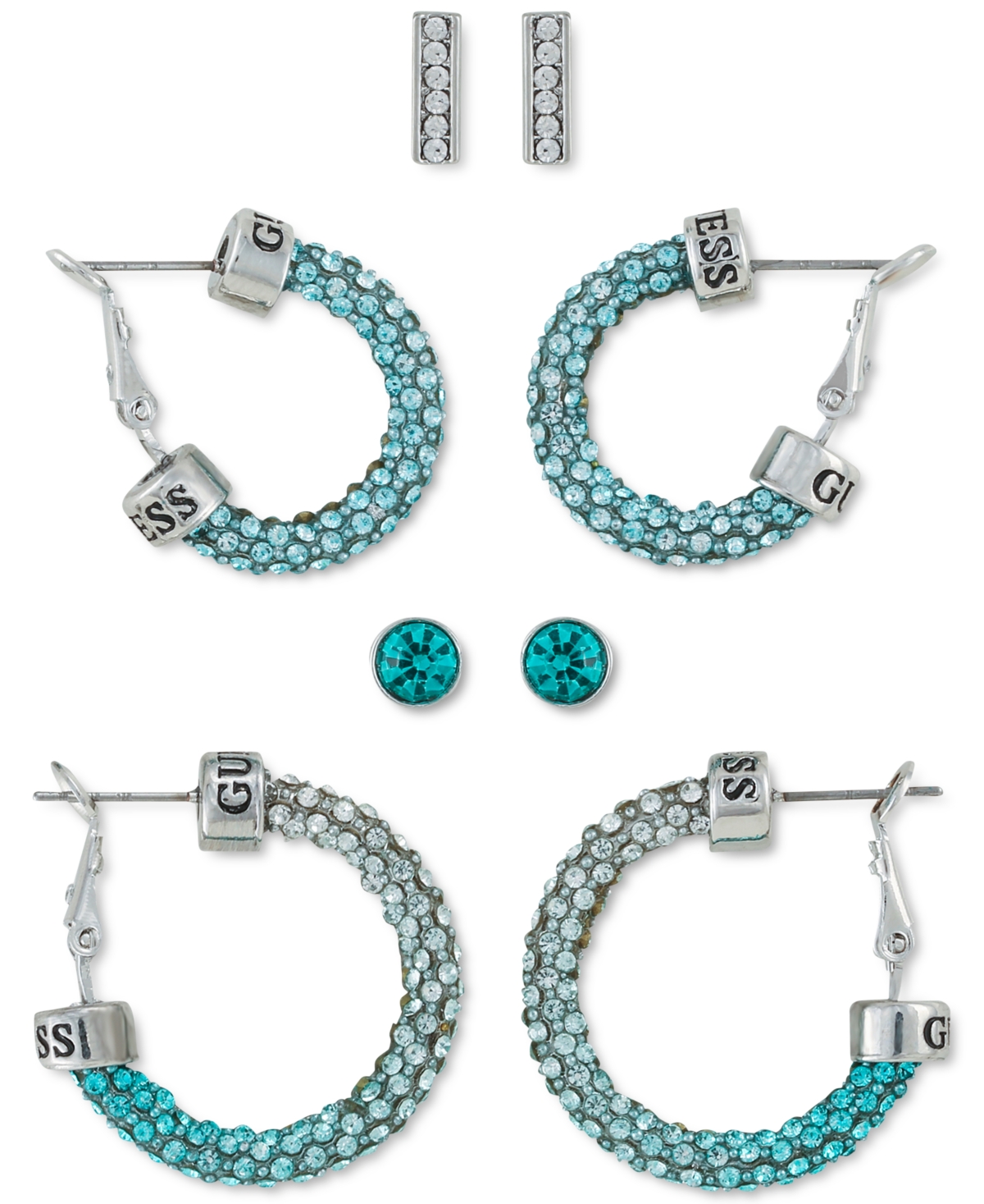 Guess 4pc. Set Crystal Stud & Hoop Earrings In Aqua ModeSens