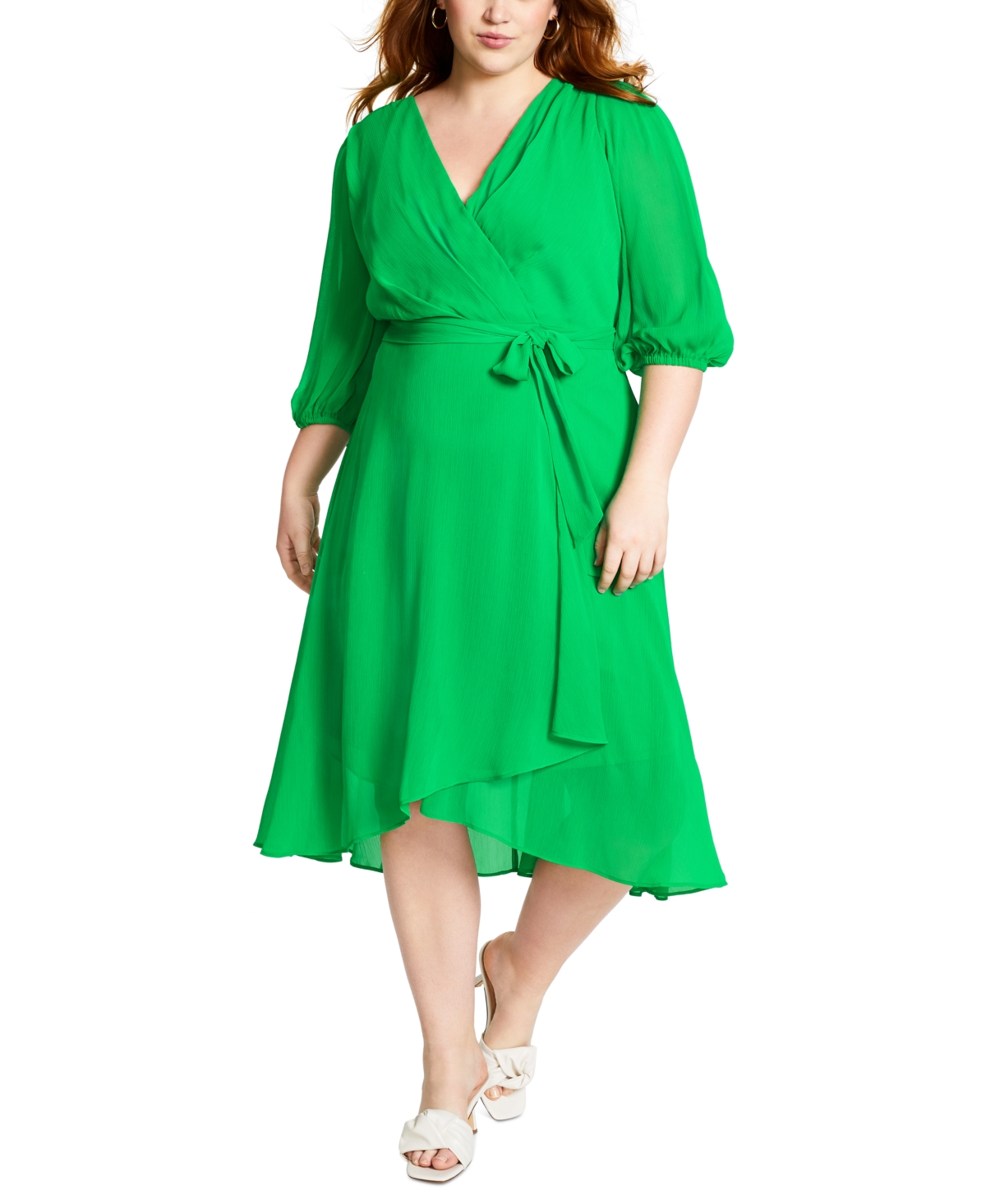 Dkny Plus Size Balloon-sleeve Faux-wrap Chiffon Dress In Apple Green ...