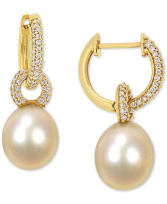 Macy's - Cultured Golden South Sea Oval Pearl (9mm) & Diamond (1/2 ct. t.w.) Dangle Huggie Hoop Earrings in 14k Gold
