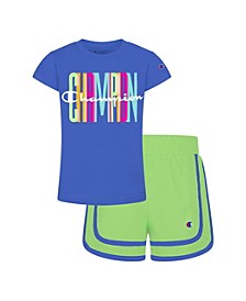 Little Girls Graphic Short Sleeve T-shirt and Woven Shorts Set, 2 Piece