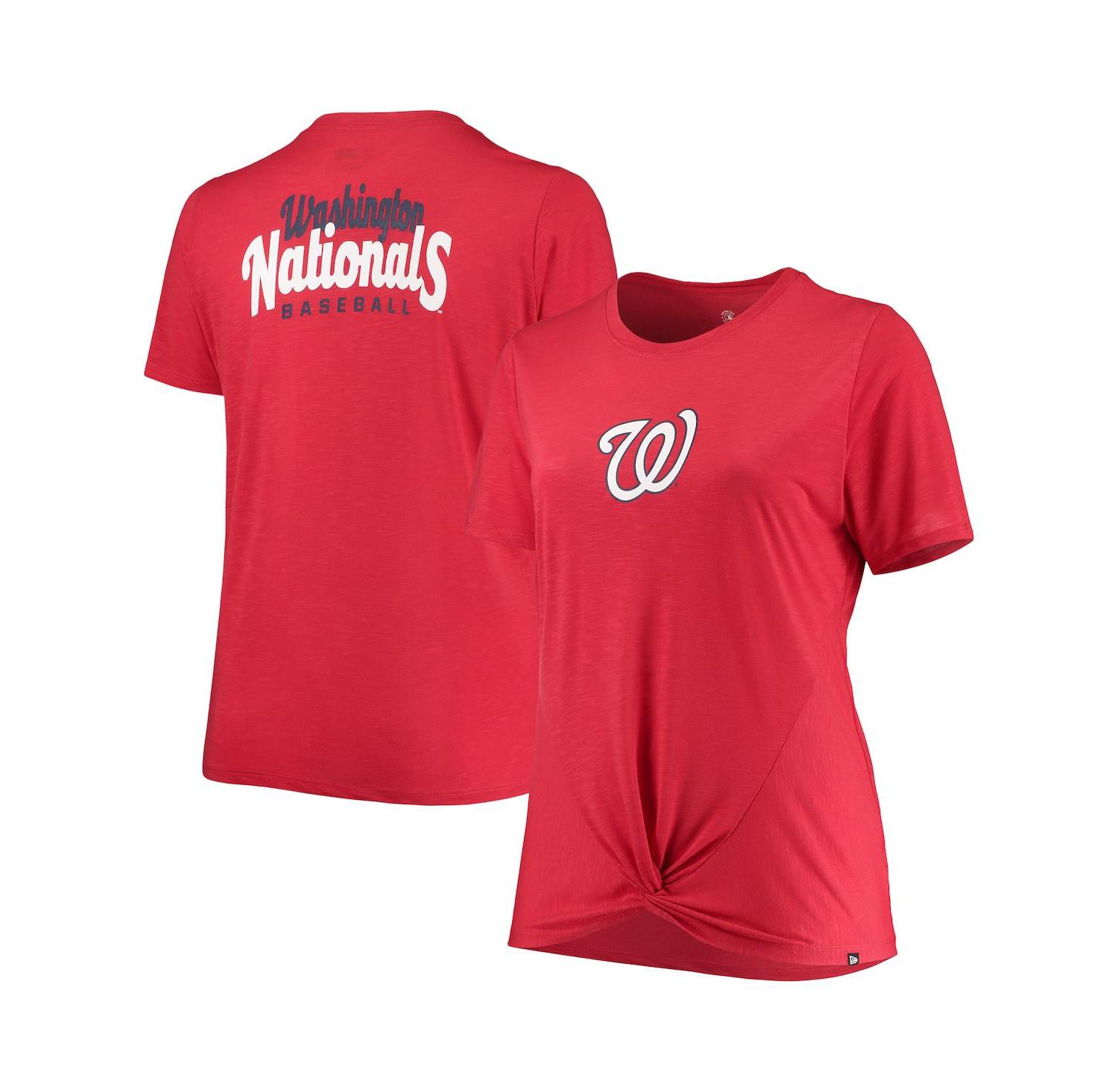 Women's Red Washington Nationals Plus Size 2-Hit Front Knot T-shirt