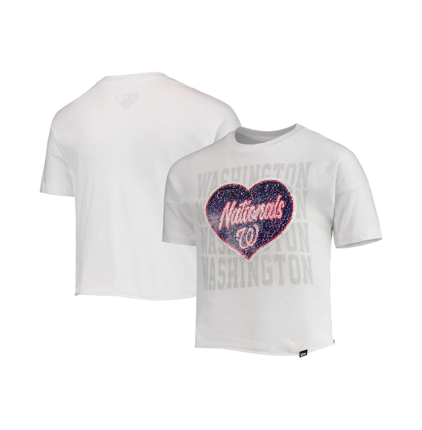 Топ New Era White Washington Nationals Flip Sequin Heart Crop для девочек — фото 1