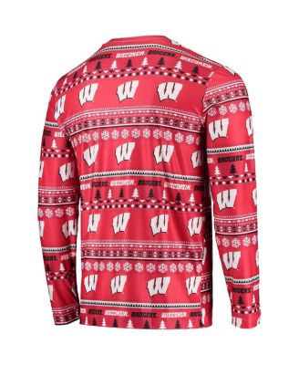 Men's Red Wisconsin Badgers Ugly Sweater Long Sleeve T-shirt and Pants Sleep Set