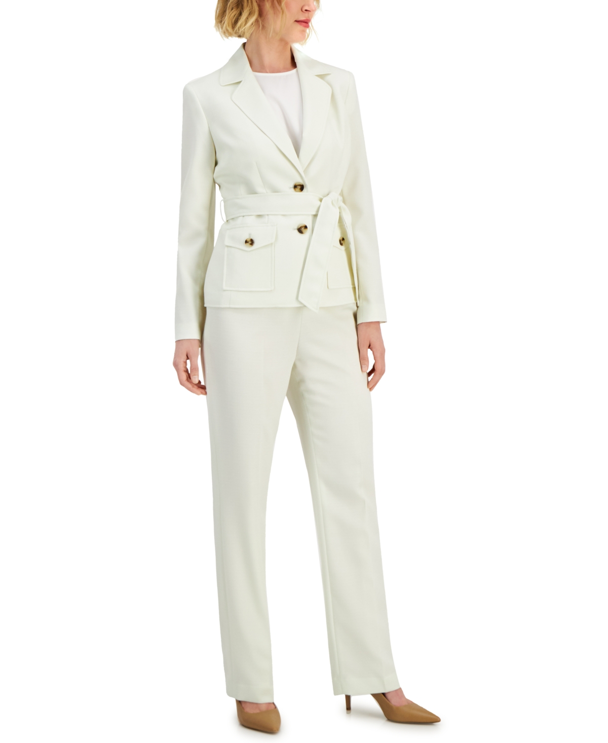 Le Suit Women's Belted Pant Suit, Regular And Petite Sizes In Flax