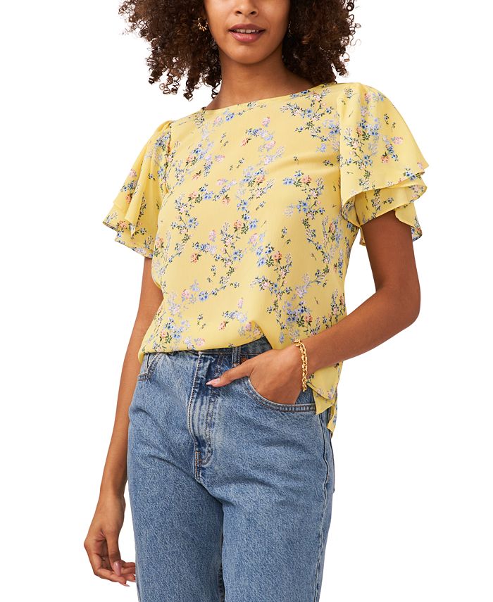 Vince Camuto Floral-Print Flutter-Sleeve Top - Macy's