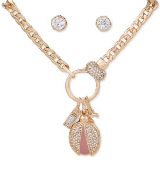 GUESS - Ladybug Mixed Charm Pendant Necklace & Crystal Stud Earrings Set