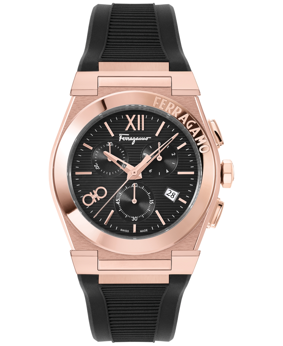 Shop Ferragamo Salvatore  Men's Swiss Chronograph Vega Black Silicone Strap Watch 42mm In Ip Rose Gold