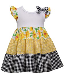 Baby Girls Flutter Sleeved Knit to Woven Tiered Dress With Bow
