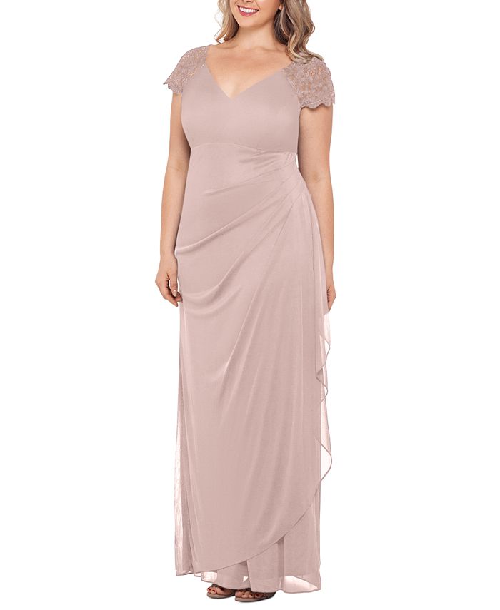 XSCAPE - Plus Size Lace-Shoulder Gown