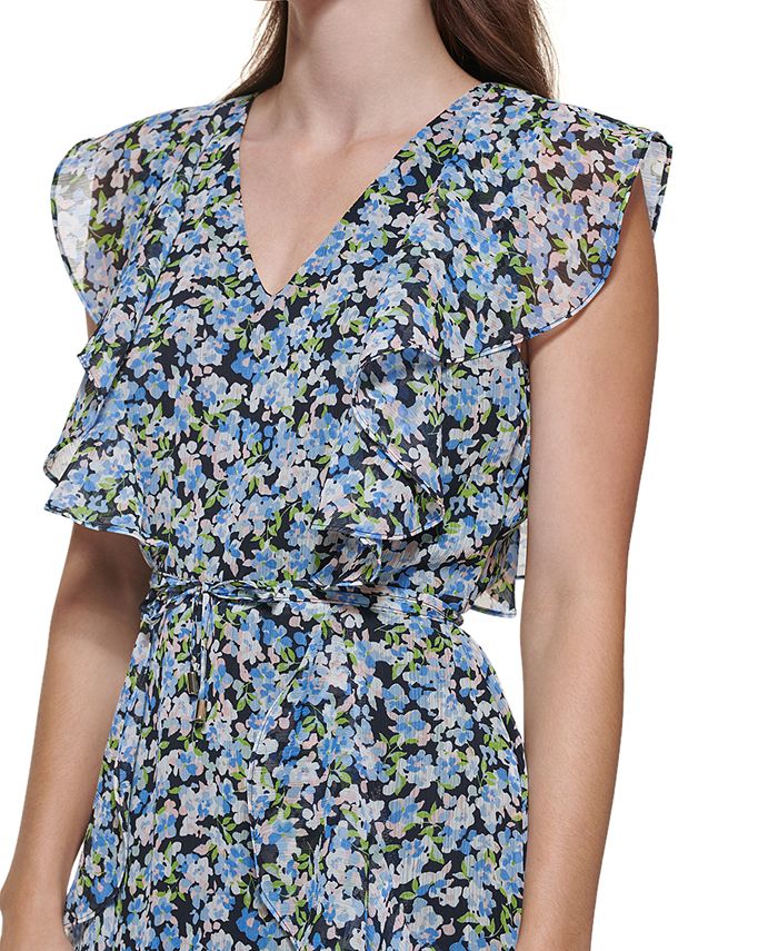 Tommy Hilfiger Women's Floral Chiffon Fit & Flare Dress Blue Size Petite Small