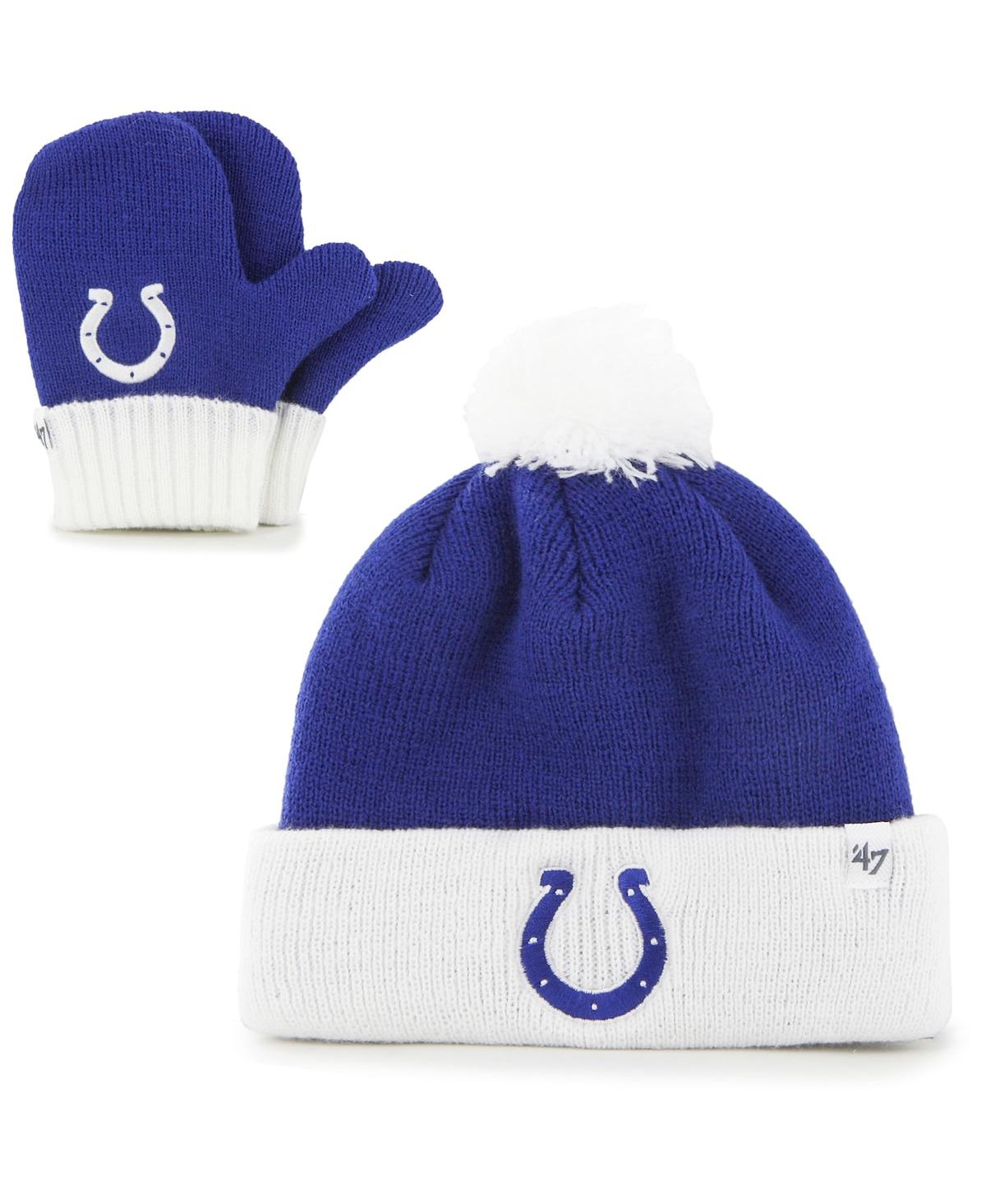 47 Brand Babies' Toddler Unisex Royal And White Indianapolis Colts Bam Bam Cuffed Knit Hat With Pom And Mittens Set In Royal,white