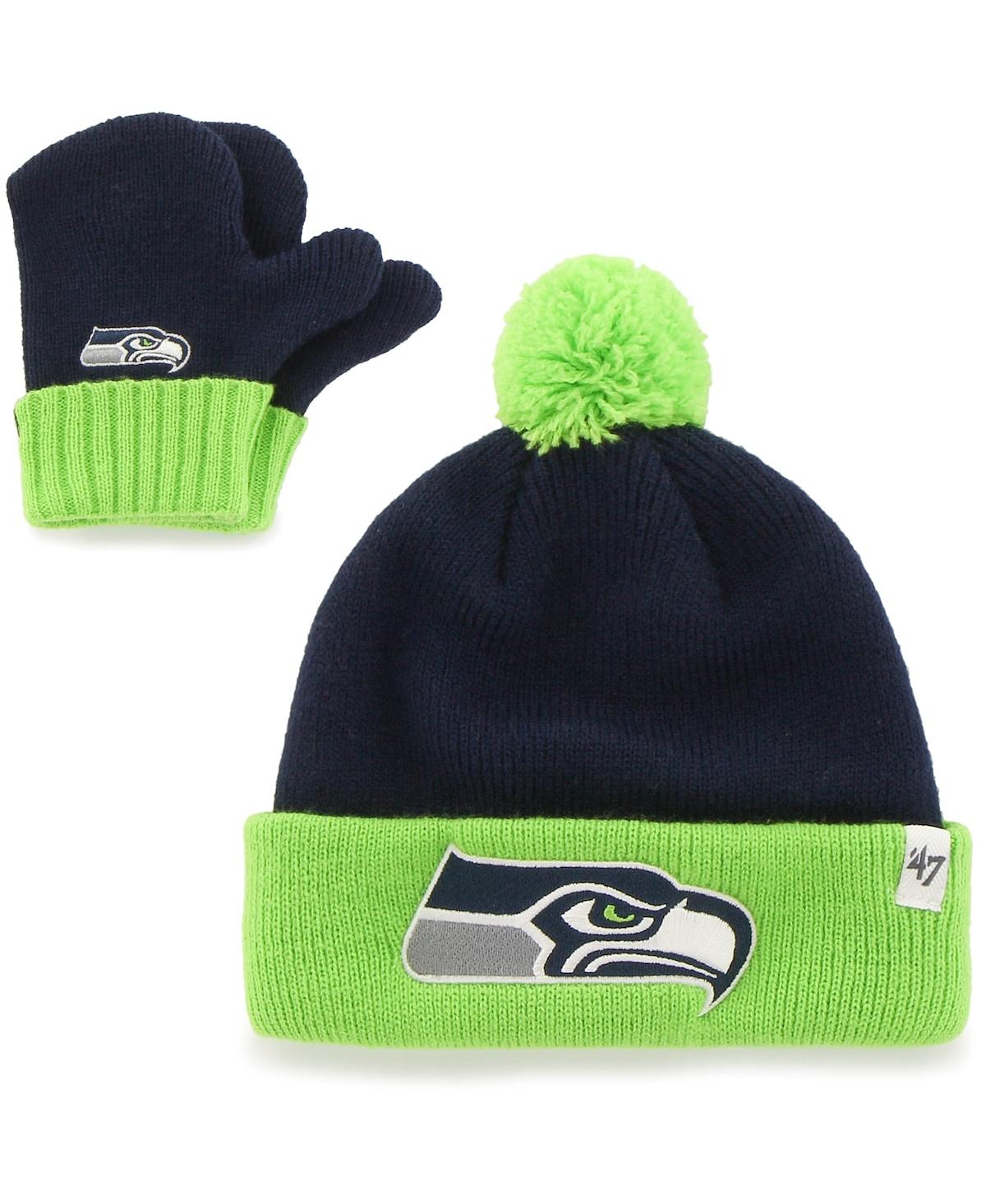47 Brand Babies' Toddler Unisex College Navy And Neon Green Seattle Seahawks Bam Bam Cuffed Knit Hat With Pom And Mit In Navy,neon