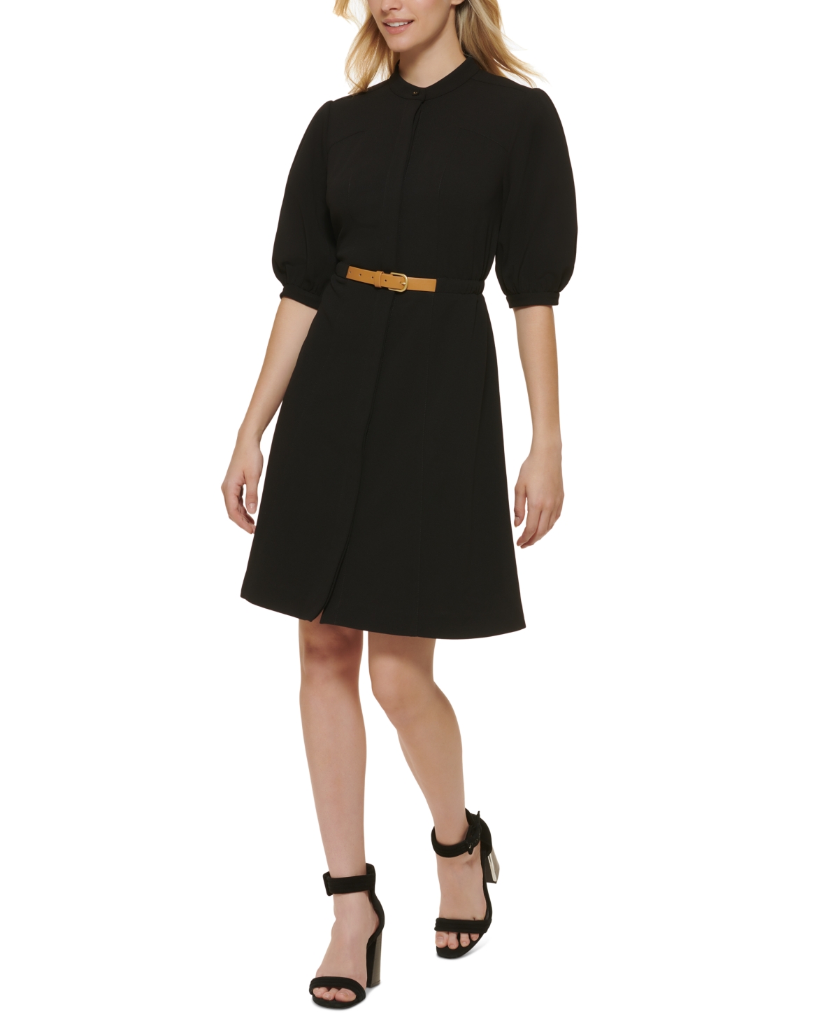 Calvin Klein Puff-sleeve A-line Dress In Black | ModeSens