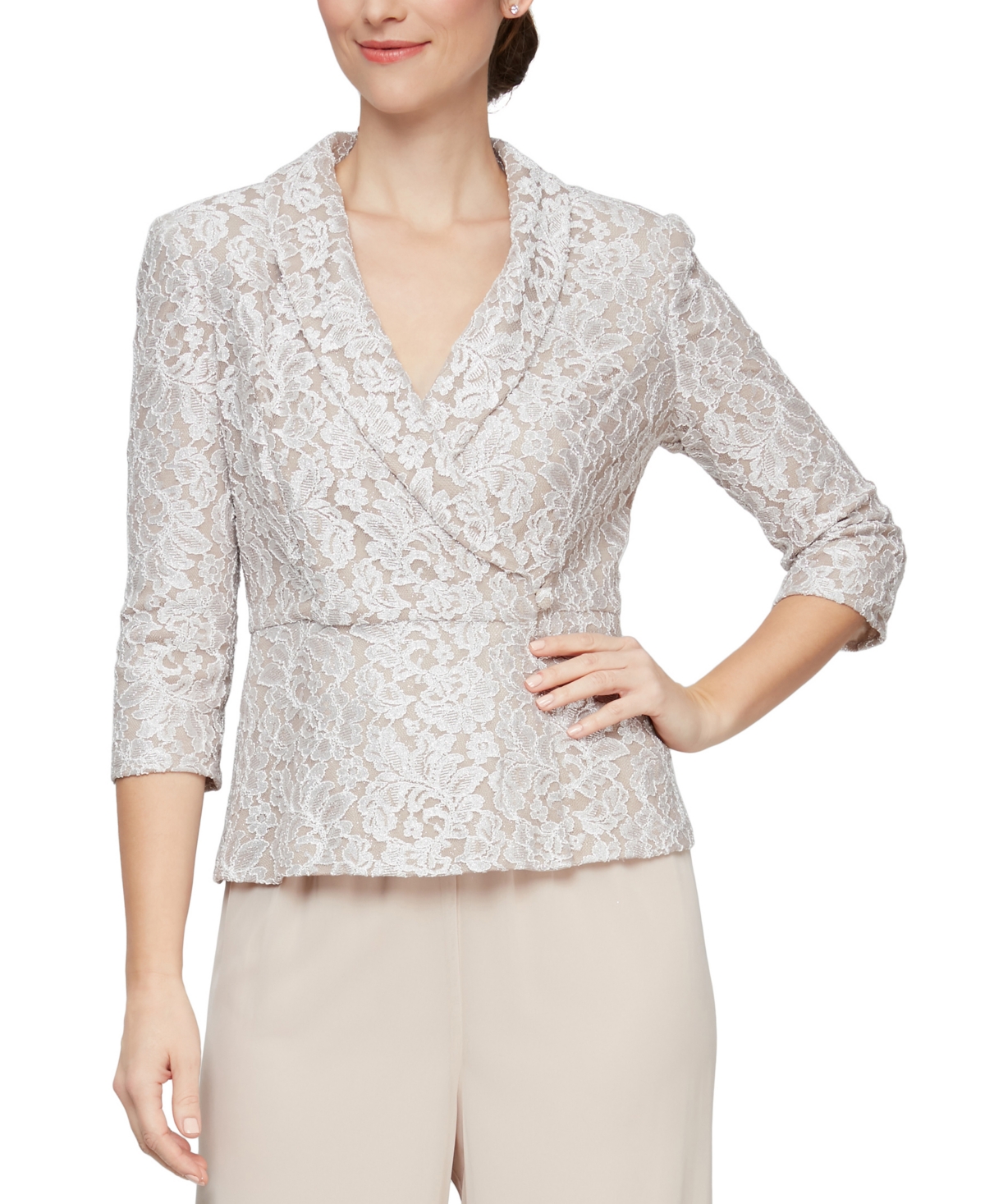 ALEX EVENINGS 3/4 SLV LACE BLOUSE W/ C