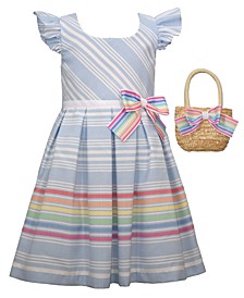 Toddler Girls Flutter Sleeved Striped Look Dress with Rainbow Border and Matching Straw Handbag with Bow, 2 Piece Set