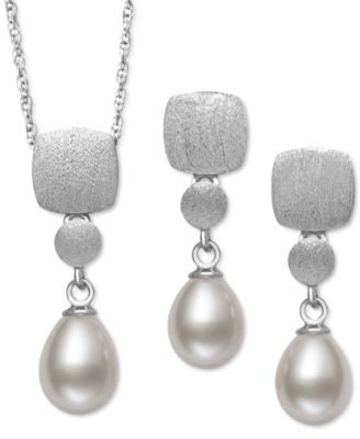 2-Pc. Set Cultured Freshwater Pearl (6mm) Brushed Finish Pendant Necklace & Matching Drop Earrings in Sterling Silver, Created for Macy's