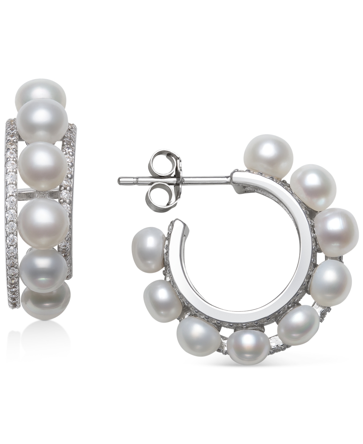 Cultured Freshwater Button Pearl (4mm) & Cubic Zirconia Small Hoop Earrings in Sterling Silver, Created for Macy's - Sterling Silver