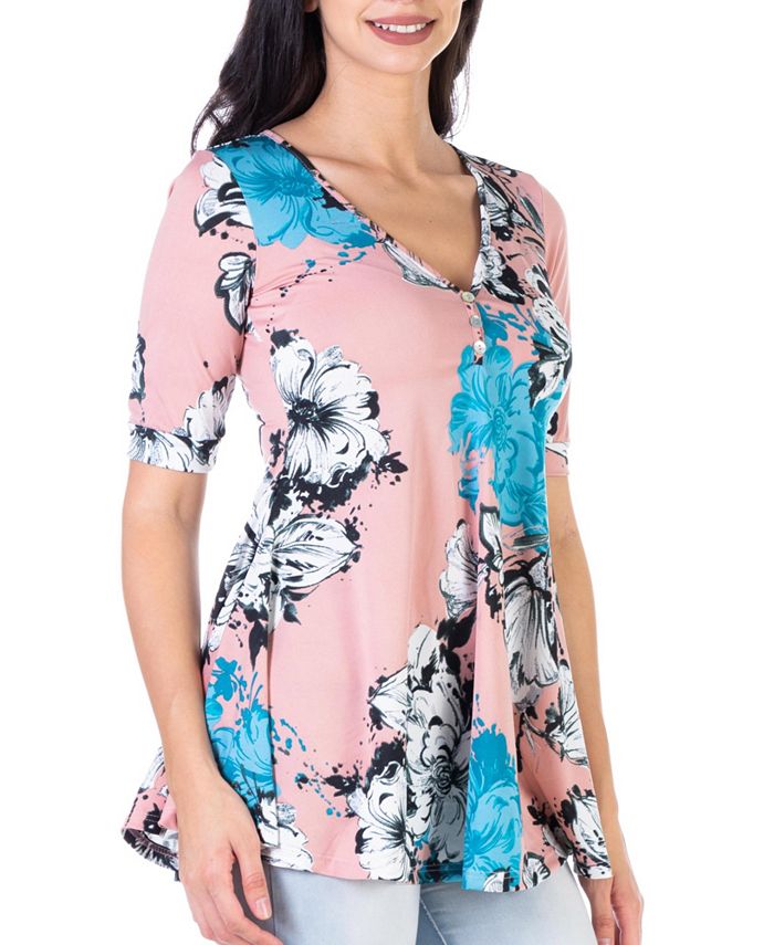 24seven Comfort Apparel Women's Floral Elbow Sleeve Casual V-Neck ...