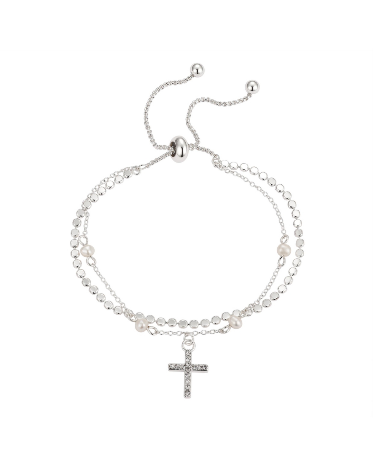 Shop Unwritten Fine Silver Plated Crystal Cross And Genuine Pearl Double Strand Bolo Bracelet In Silver-tone