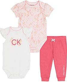 Baby Girls Floral and Logo Bodysuits and Heather Joggers Set, 3 Piece
