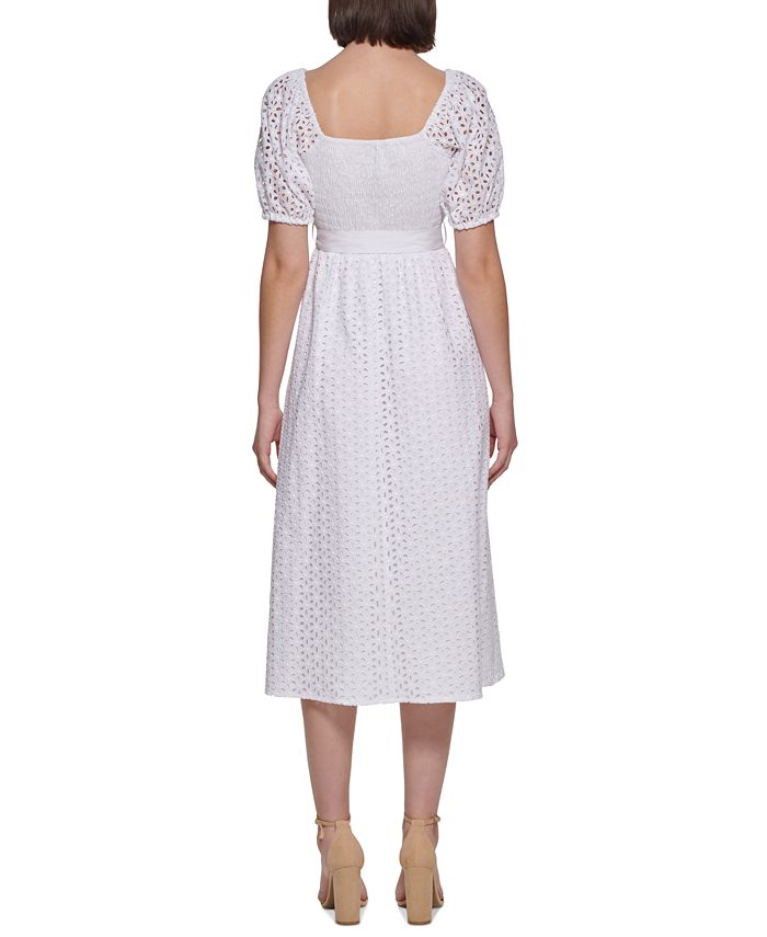 kensie Eyelet Smocked PuffSleeve Belted Midi Dress Macy's
