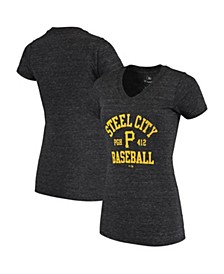 Women's Heather Black Pittsburgh Pirates Street City Baseball Tri-Blend V-Neck T-shirt