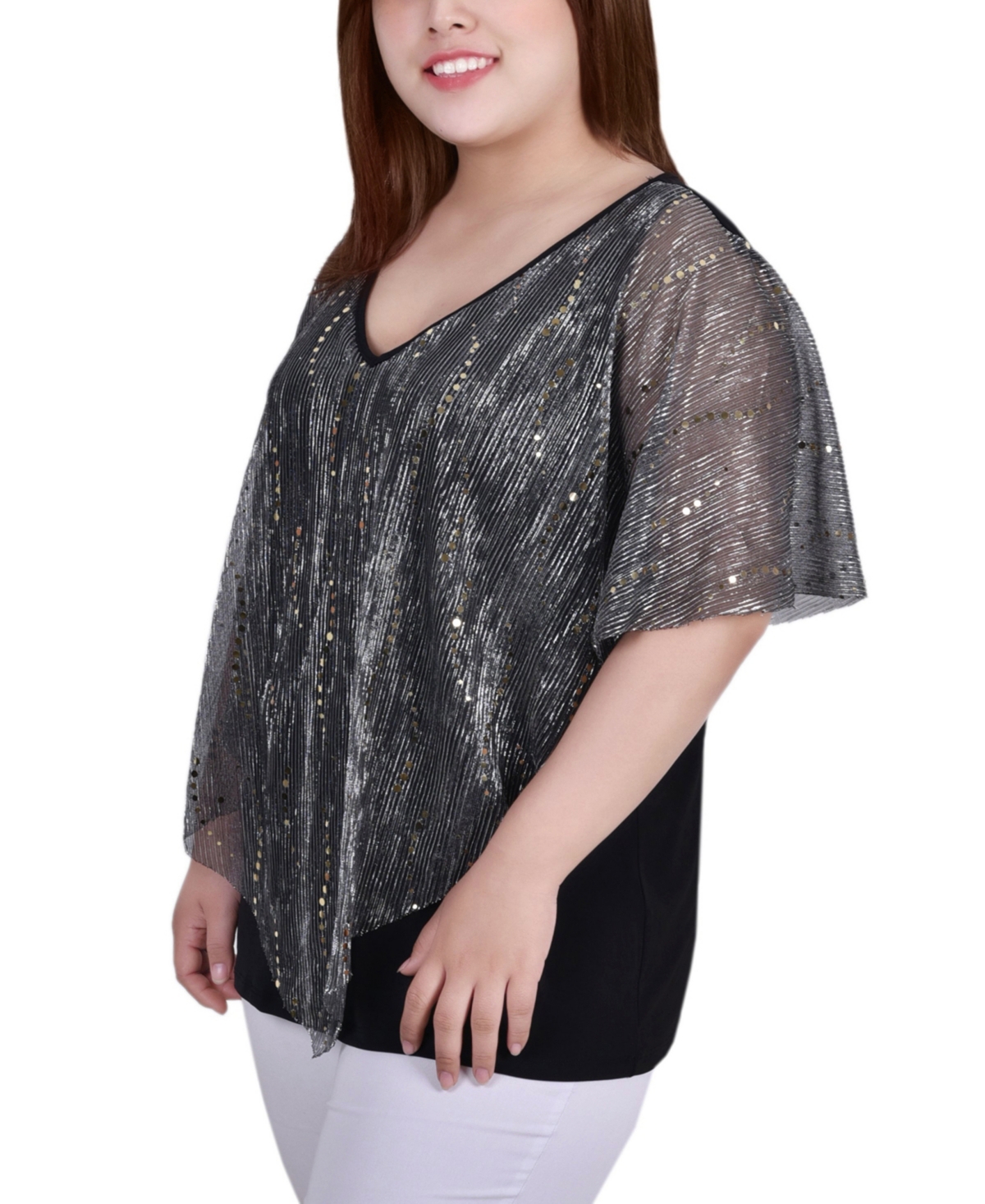 Plus Size Pleated Mesh Poncho Top with Foil - Gray and Gold-Tone