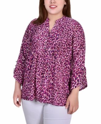 Taupe Geobreeze 3/4 Sleeve Overlapped Bell Sleeve Y Neck Top - Plus