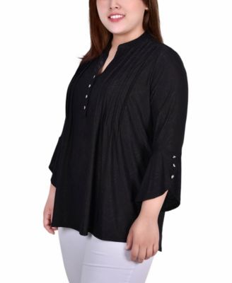 Plus Size 3/4 Sleeve Overlapped Bell Sleeve Y-Neck Top