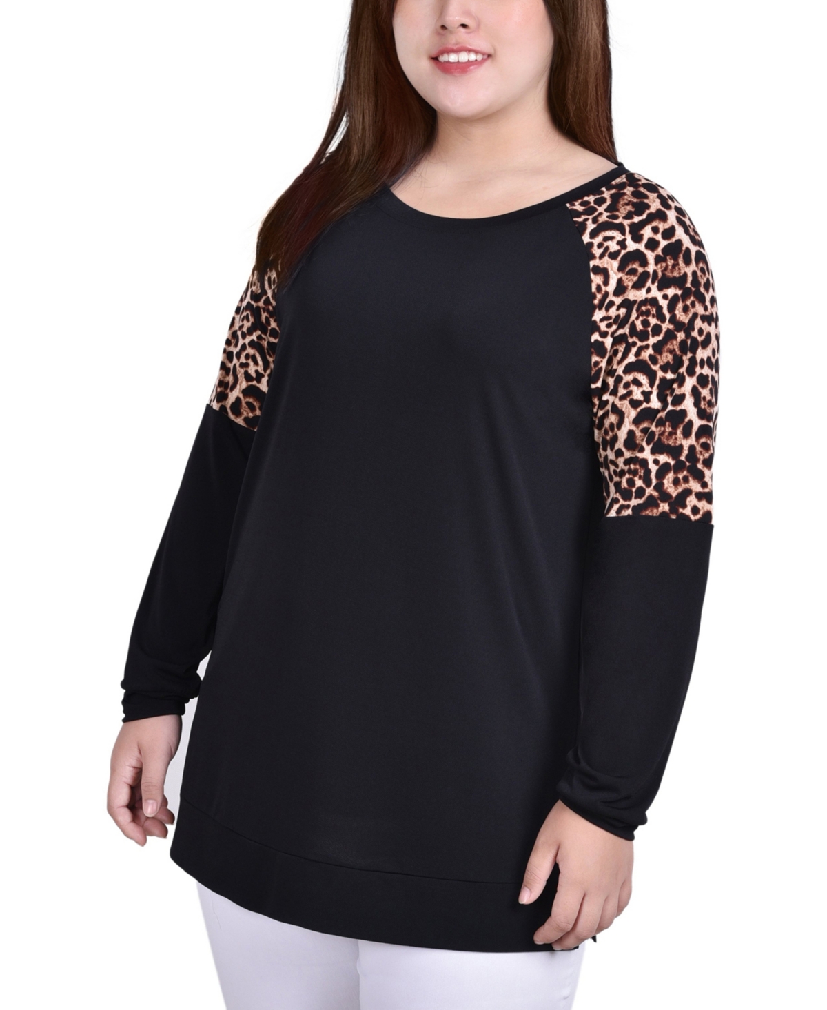 Shop Ny Collection Plus Size Long Raglan Sleeve Tunic Top With Animal Print Insets In Black,brown,animal
