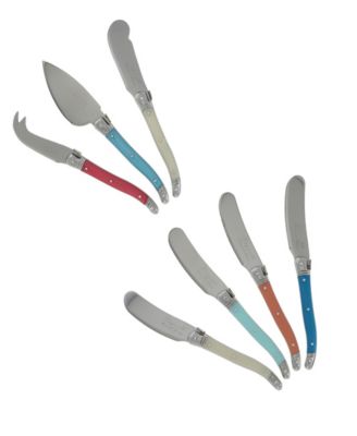 Laguiole Coral and Turquoise Cheese Knife and Spreader Set, 7 Piece.