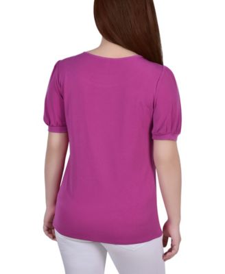 Women's Short Puff Sleeve Sheer Inset Top