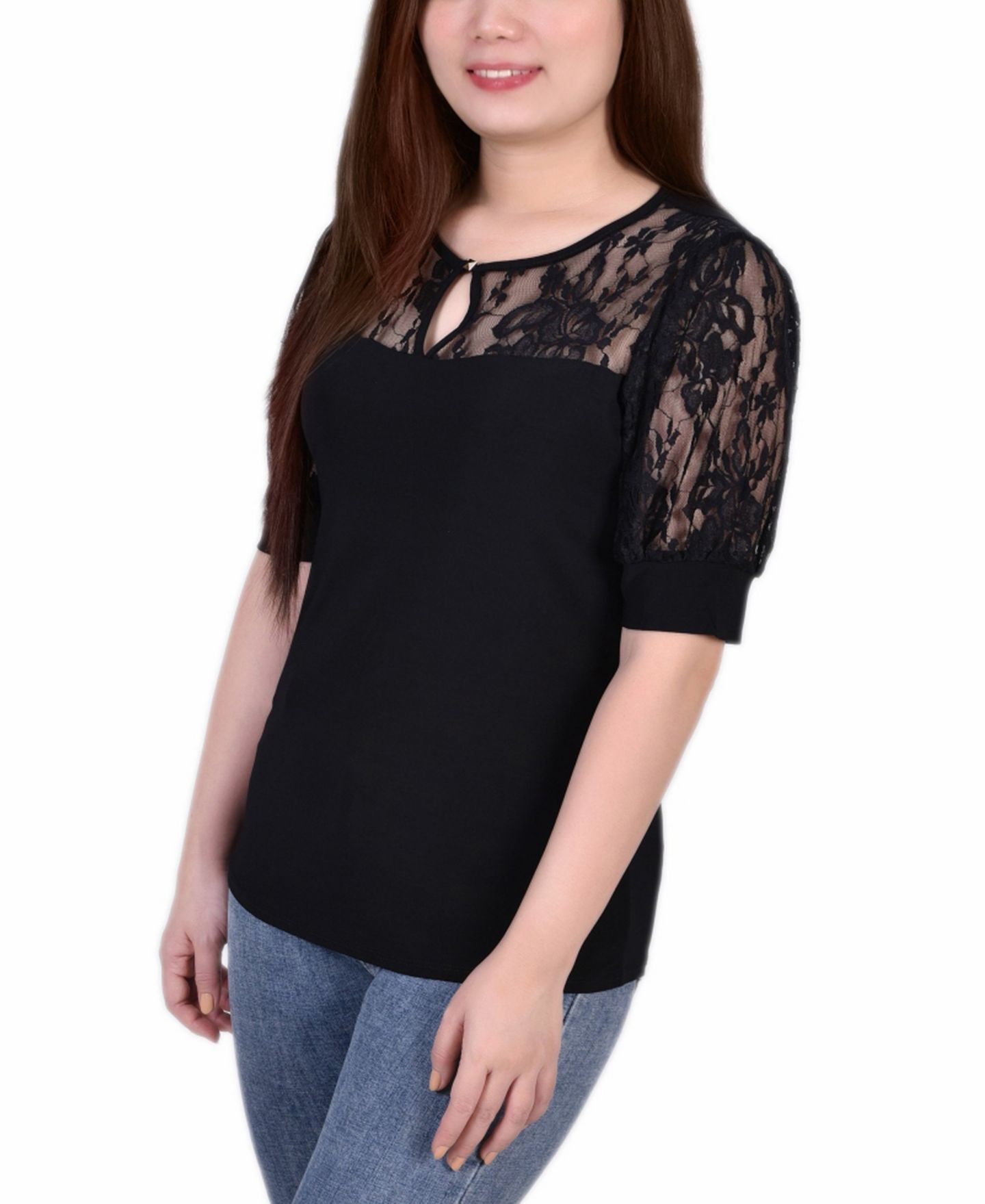 Женский топ NY Collection Short Puff Sleeve with Lace Sleeves and Yoke, цвет: Чёрный — фото 3