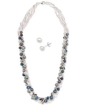 Cultured Freshwater Pearl Woven Necklace (4mm) & Stud Earrings (6mm) Set in Sterling Silver