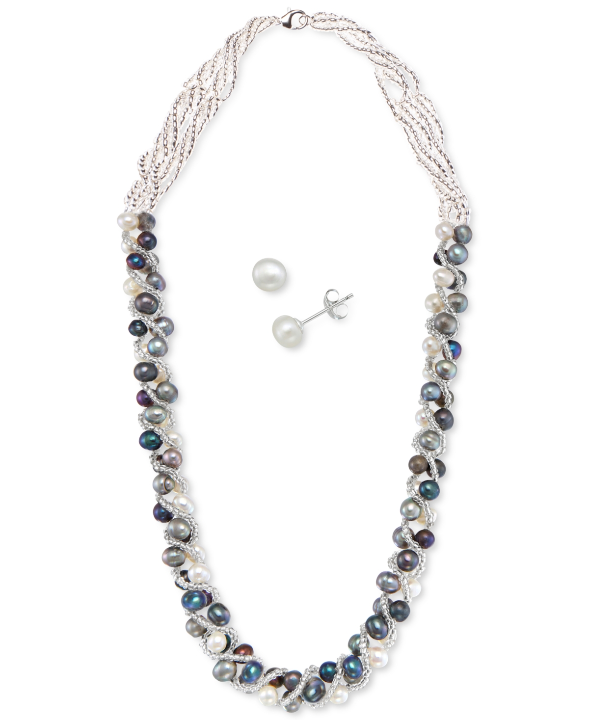 Cultured Freshwater Pearl Woven Necklace (4mm) & Stud Earrings (6mm) Set in Sterling Silver -Gray/Peacock