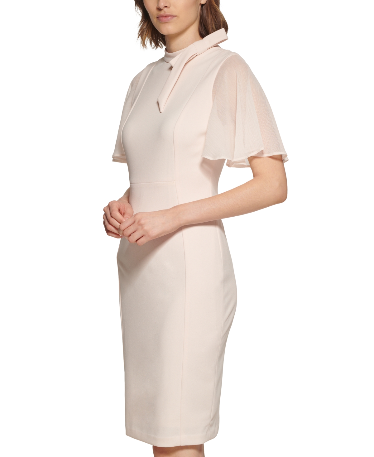 Shop Calvin Klein Tie-neck Chiffon-flutter-sleeve Sheath Dress In Blossom