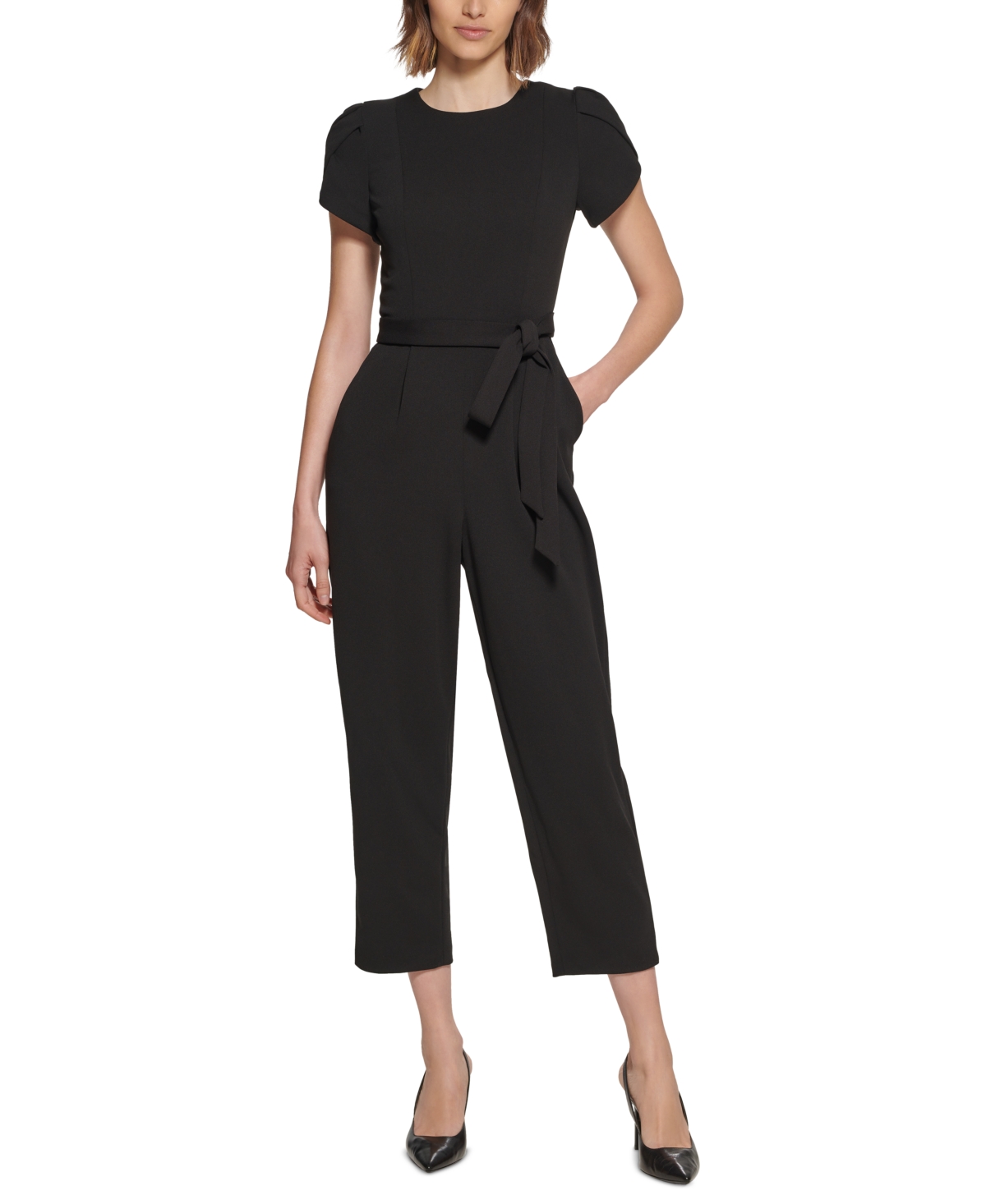 Shop Calvin Klein Women's Tie-waist Tulip-sleeve Jumpsuit In Black