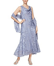Women's Cowl-Neck Tea-Length Dress & Shawl