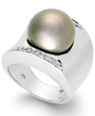 Tahitian Pearl (13mm) and Diamond (1/8 ct. t.w.) Ring in Sterling ...