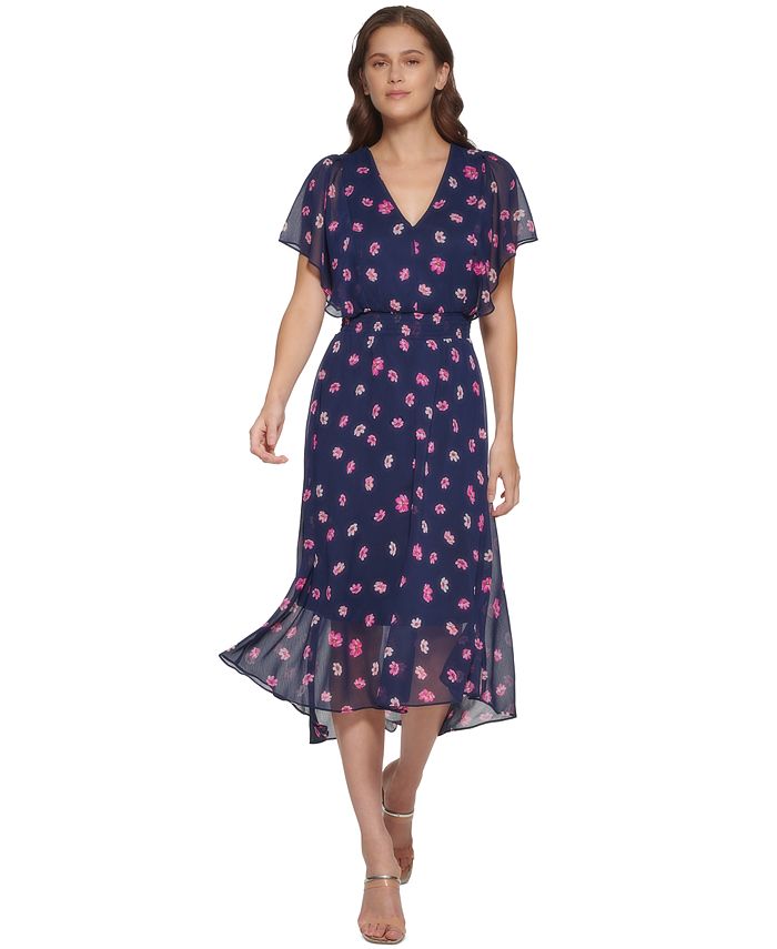 Flutter-Sleeve V-Neck Midi Dress in Polka Dot
