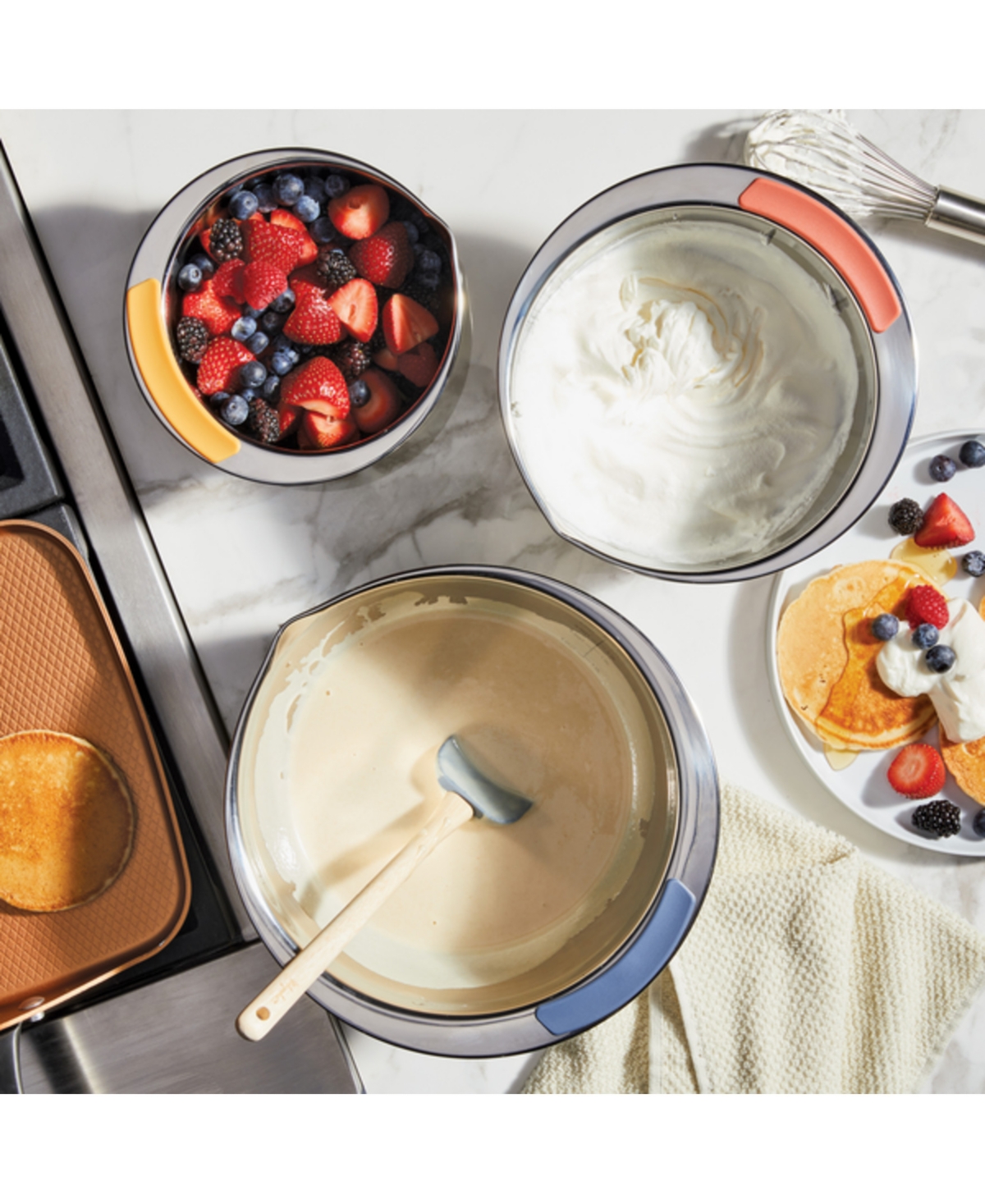 Ayesha Curry Pantryware 3-Pc. Stainless Steel Nesting Mixing Bowls Set - Stainless Steel With Color Accent Handle