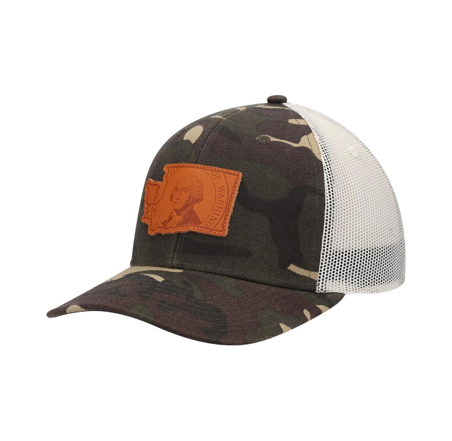 Men's Camo Washington Icon Woodland State Patch Trucker Snapback Hat