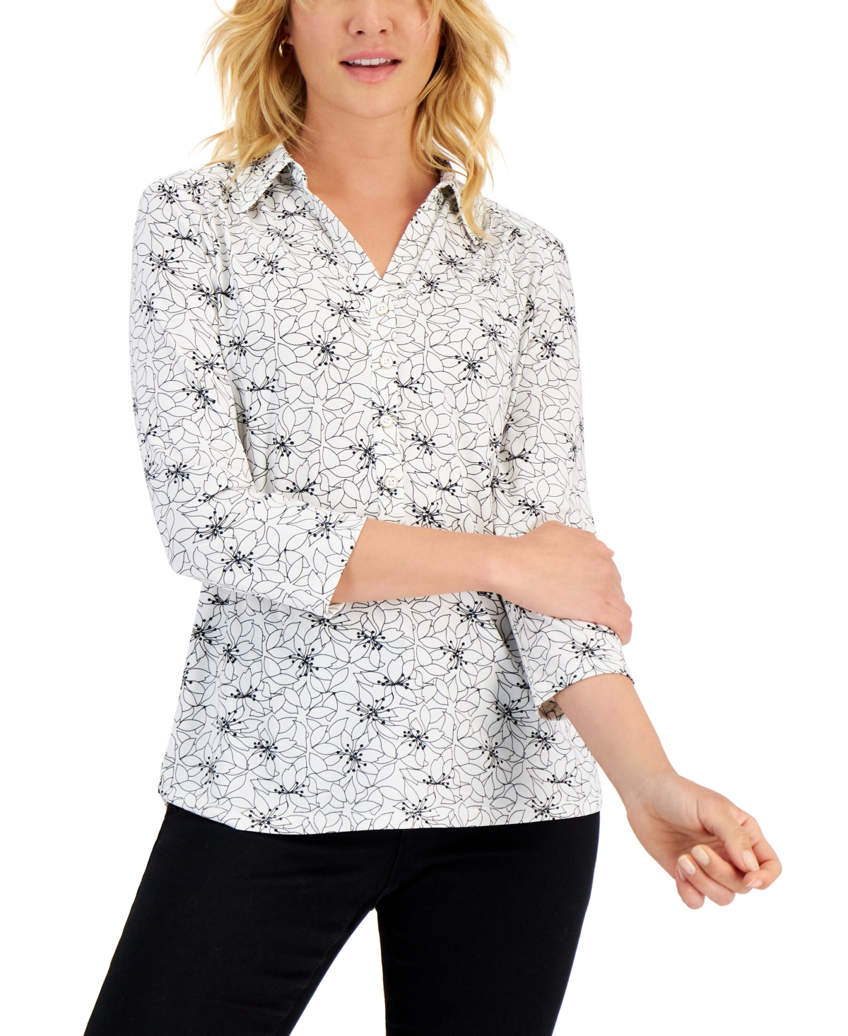 Charter Club Women's Delicate Petals Printed Polo, Created for Macy's
