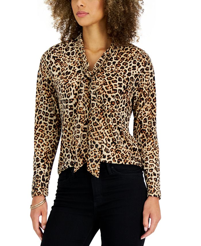 Charter Club Women's Leopard Tie-Neck Blouse, Created for Macy's & Reviews  - Tops - Women - Macy's