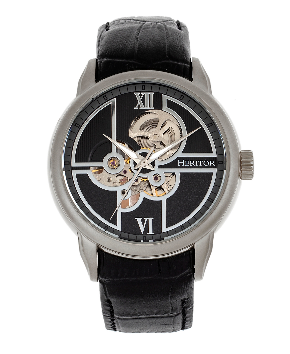 Heritor Automatic Sanford Semi Skeleton Blue Or Black Or Brown Genuine Leather Band Watch, 48mm In Silver-tone,black