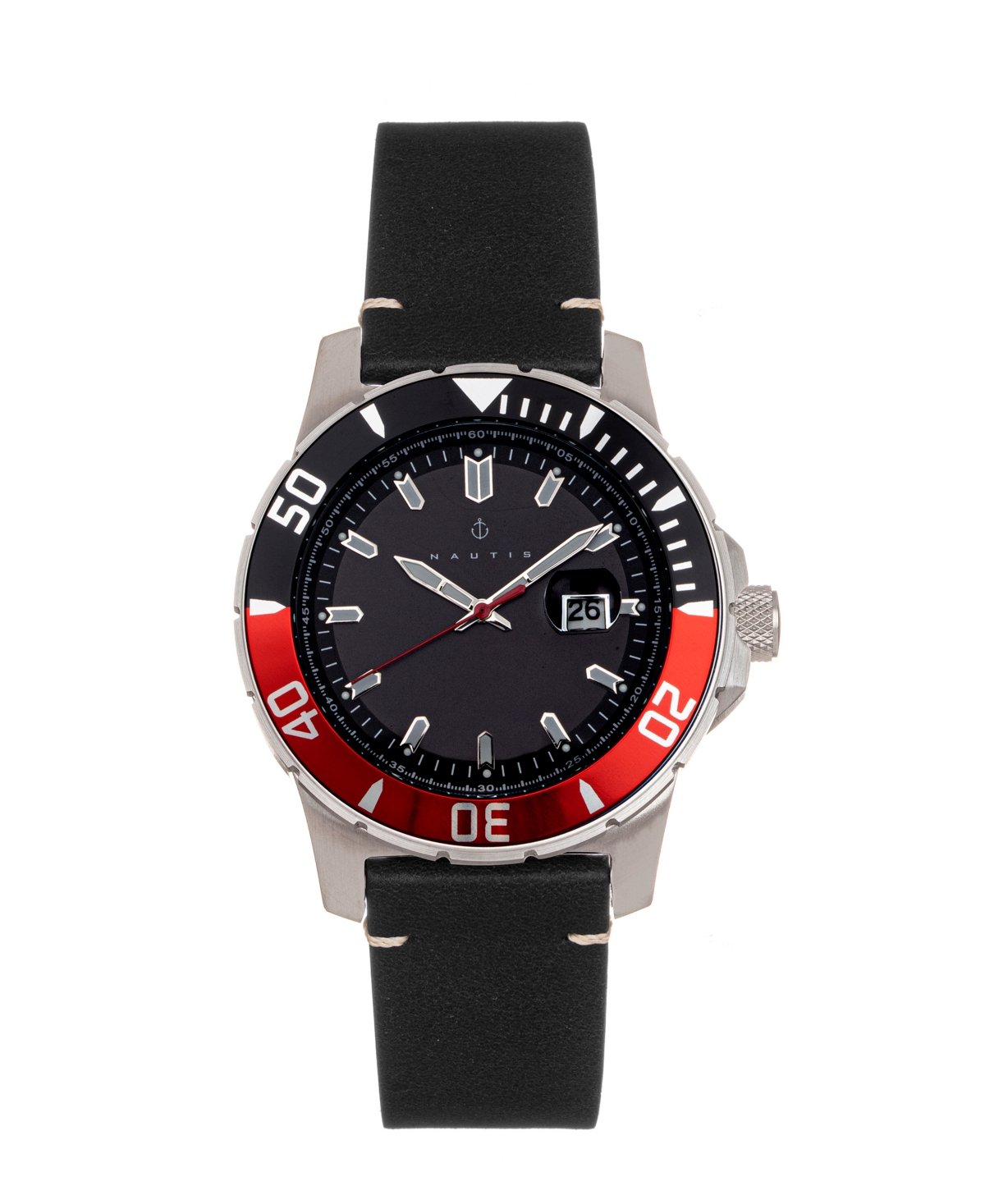 Dive Pro 200 Black or Brown Genuine Leather Band Watch, 51mm - Black, Red