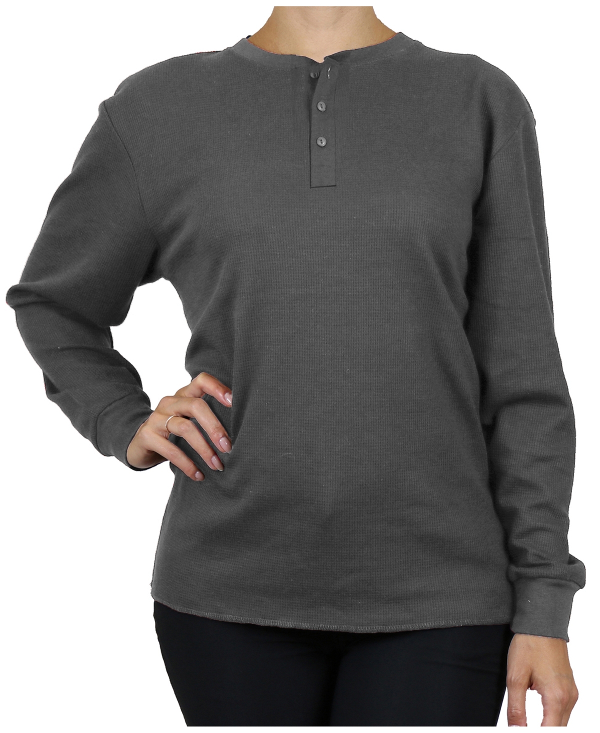 Galaxy By Harvic Women's Oversize Loose Fitting Waffle-knit Henley Thermal Sweater In Charcoal