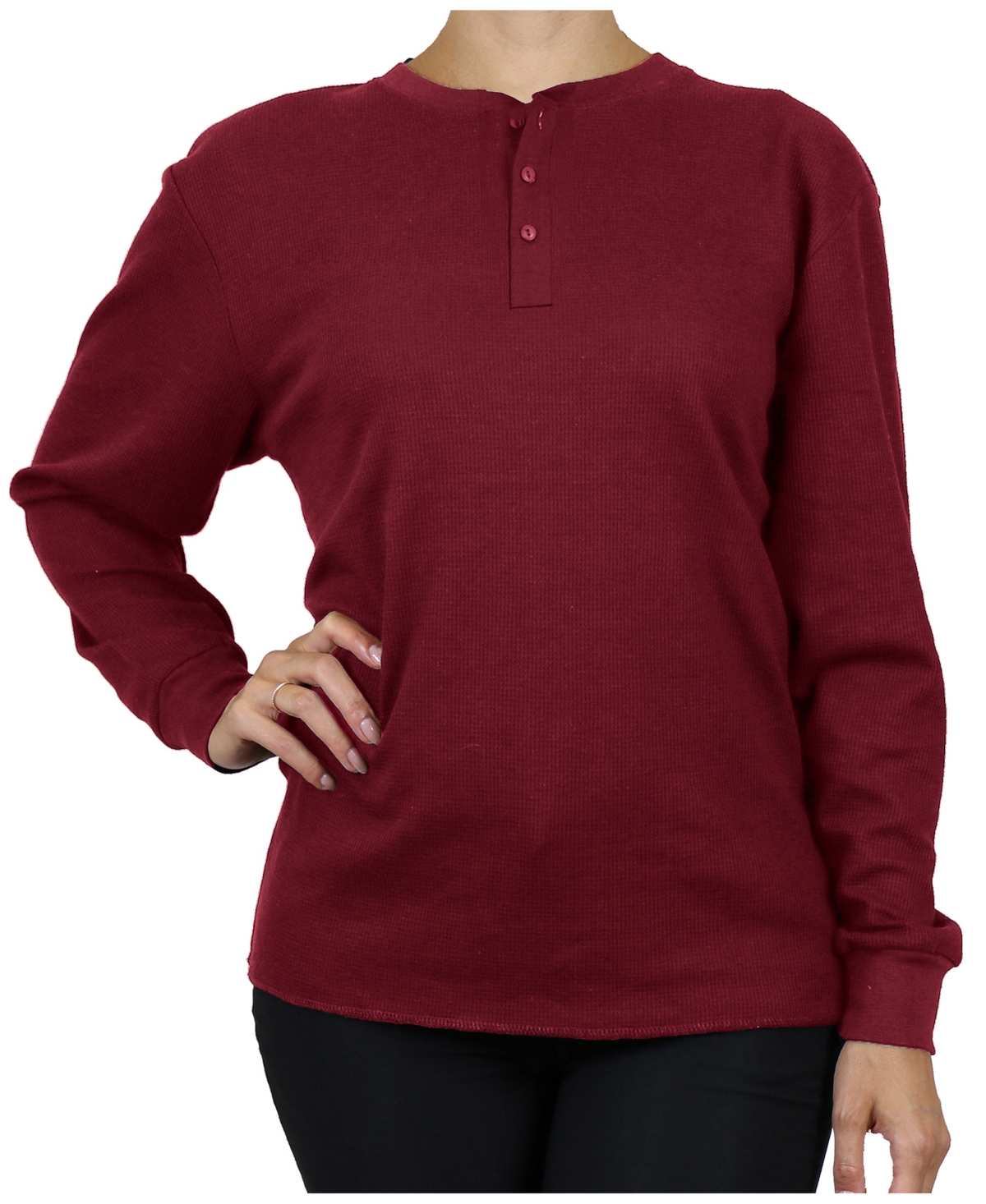 Galaxy By Harvic Women's Oversize Loose Fitting Waffle-knit Henley Thermal Sweater In Burgundy