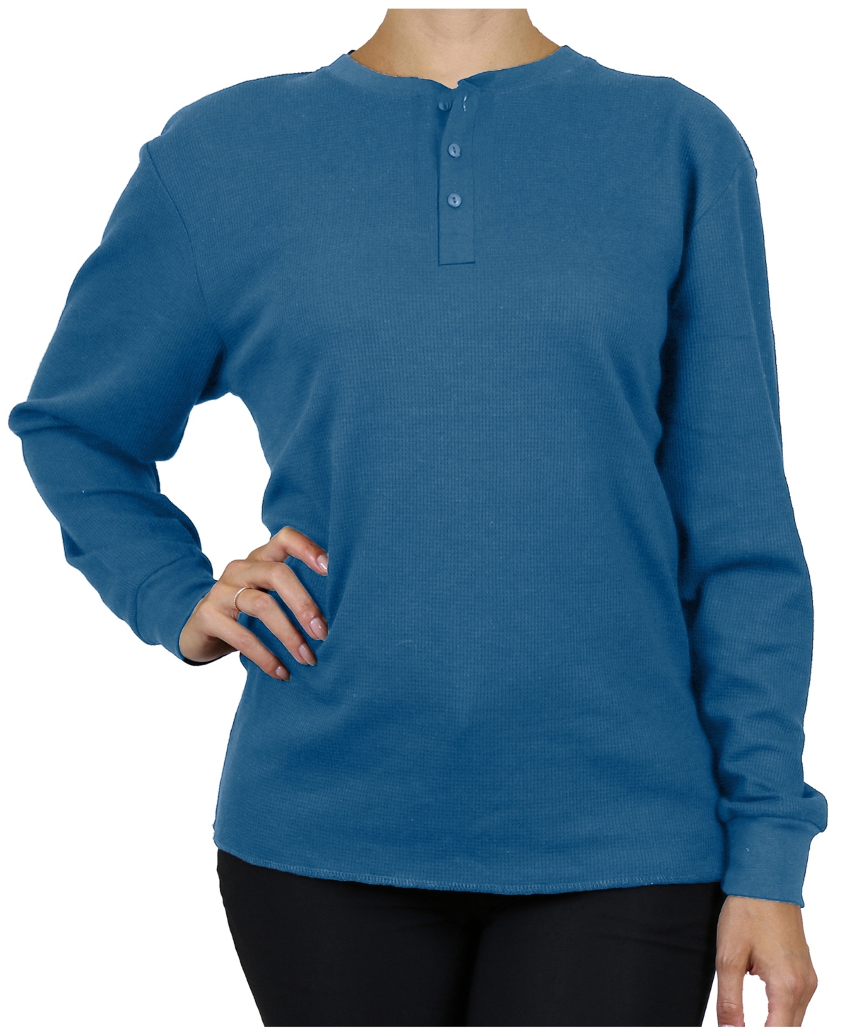 Galaxy By Harvic Women's Oversize Loose Fitting Waffle-knit Henley Thermal Sweater In Medium Blue