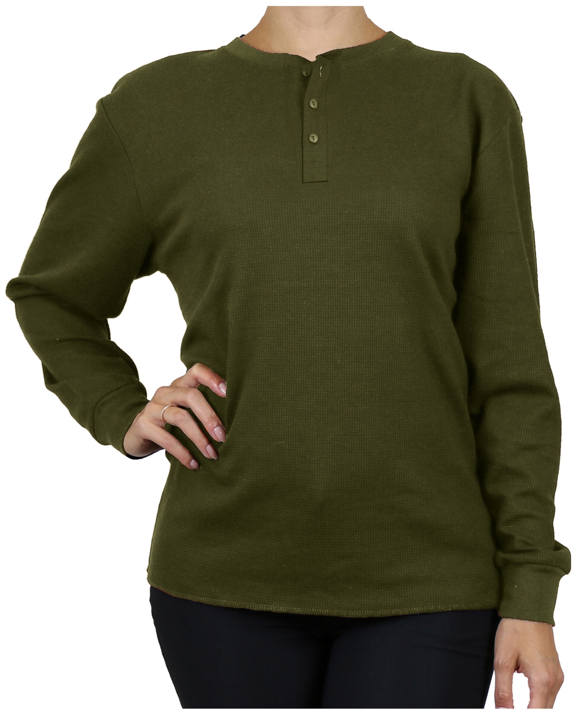 Galaxy By Harvic Women's Oversize Loose Fitting Waffle-knit Henley Thermal Sweater In Olive